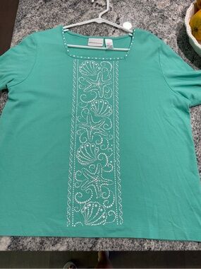 Alfred Dunner Aqua Short-Sleeve Tee with Rhinestone Shell Panel